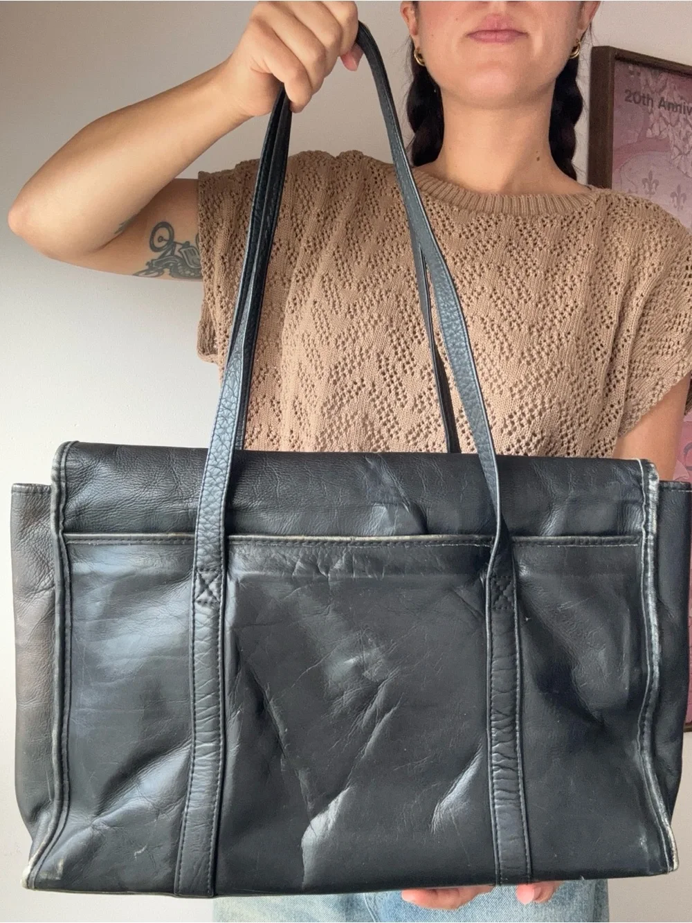 Black Leather tote bag work bag